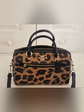 Coach Leopard-Print Satchel in Brown and Black with Gold Hardware MEDIUM ROWAN